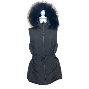 Michael Kors Black Belted Faux Fur Hooded Zip Vest Womens